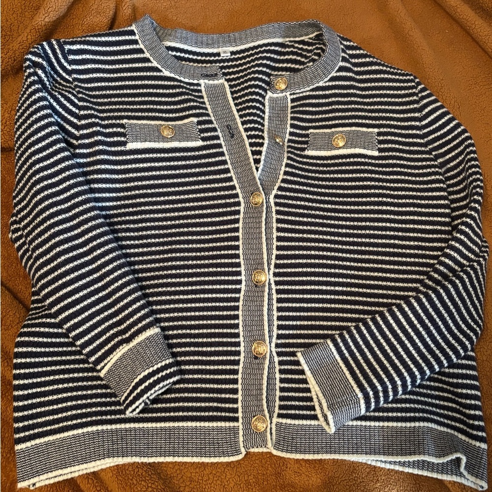 Striped Navy and White Button-Front Cardigan Sweater
